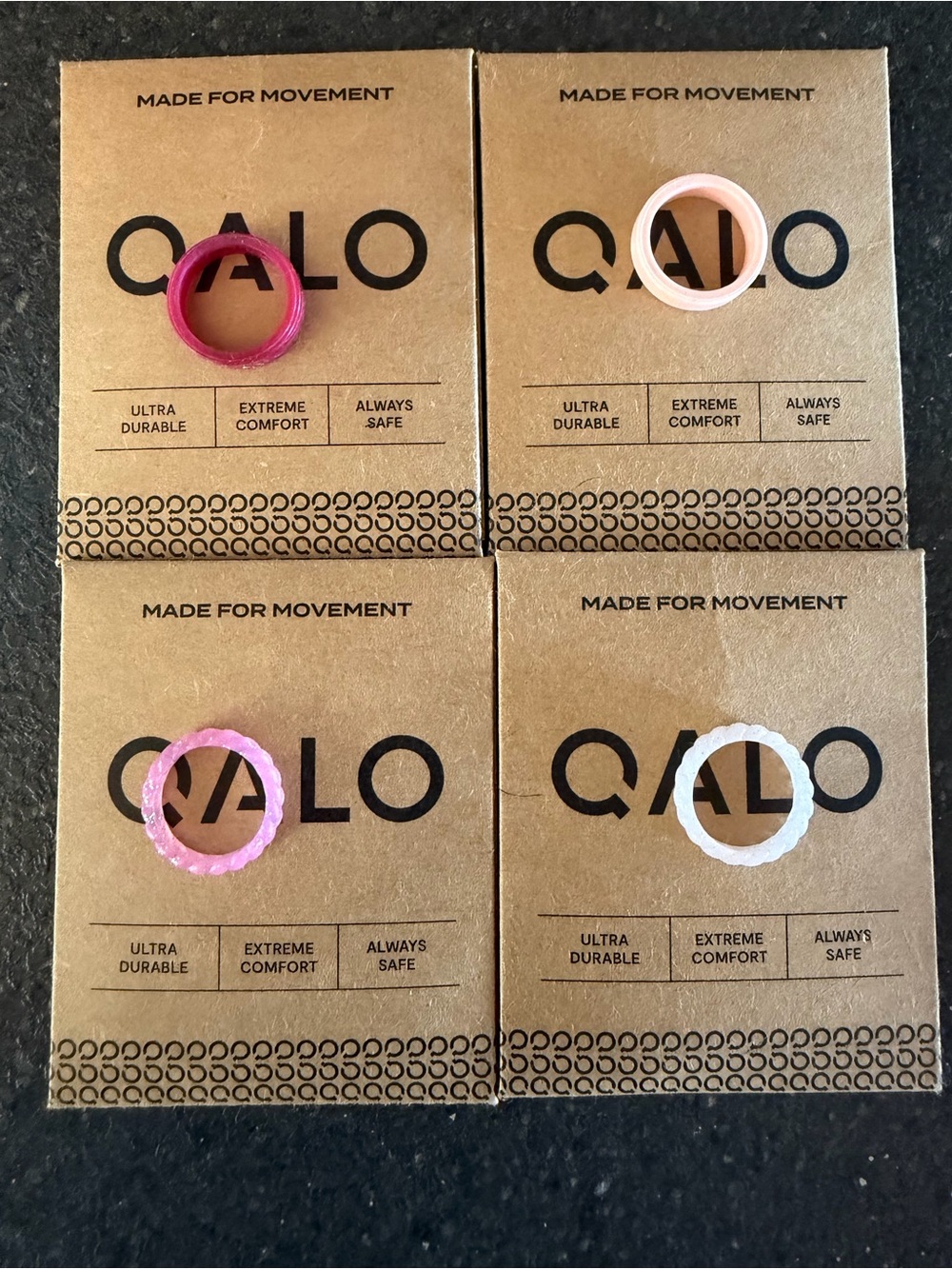 QALO Women’s Silicone Ring Set in Red, Light Pink, Pink and White